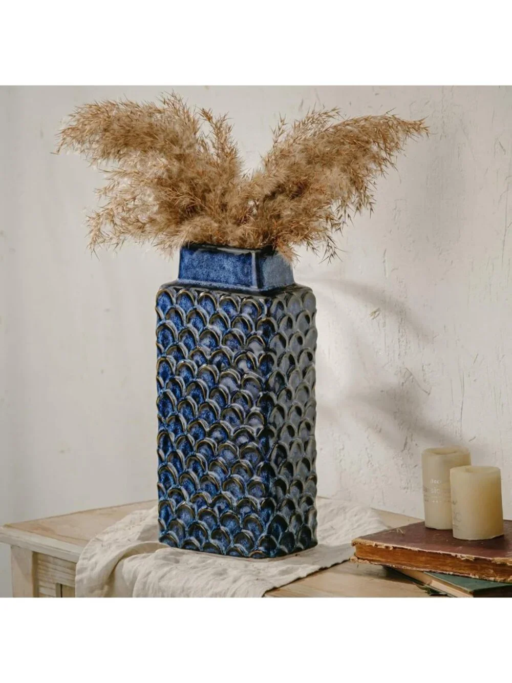 Vintage Blue Ceramic Flower Vase - 12.6